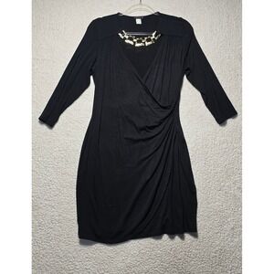 Venus Womens Black Wrap Dress Gold Chain Neck 3/4 Sleeve Size M Cocktail Dress